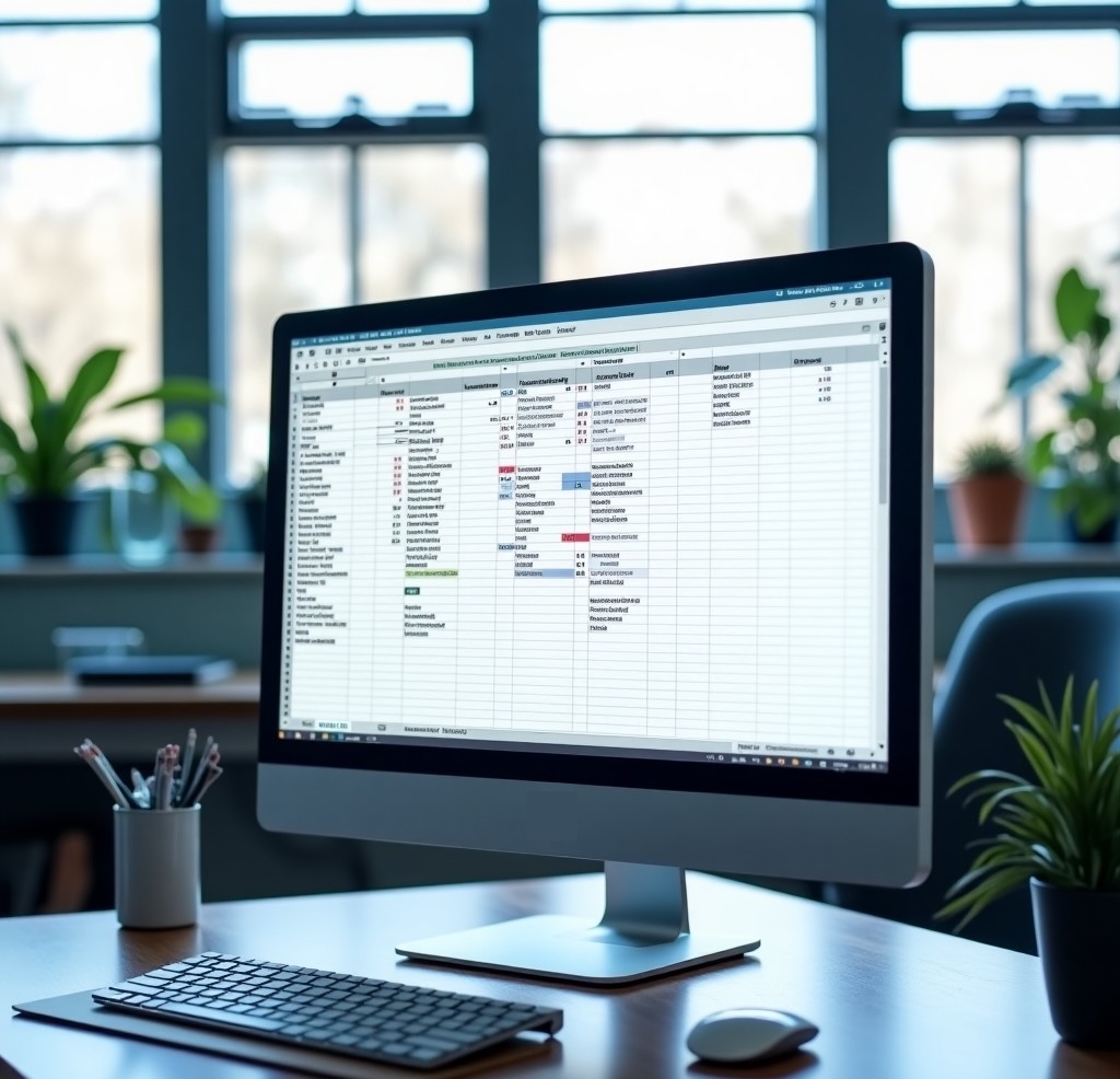 Monitor mit einer erweiterten Tabellenkalkulation in einem modern ausgestattetem Büro