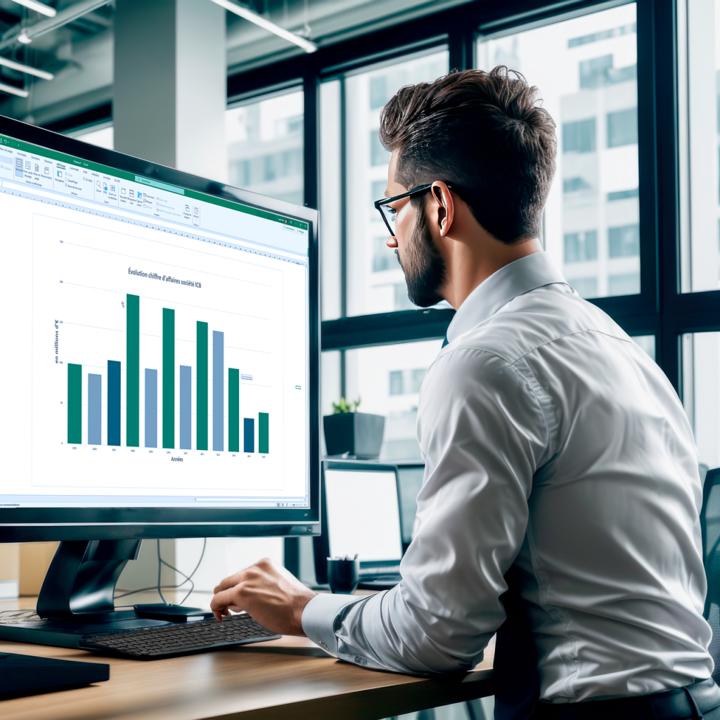 KI generiertes Bild, dass einen Mann vor einem großem Monitor zeigt, der auf eine Excel-Tabelle schaut